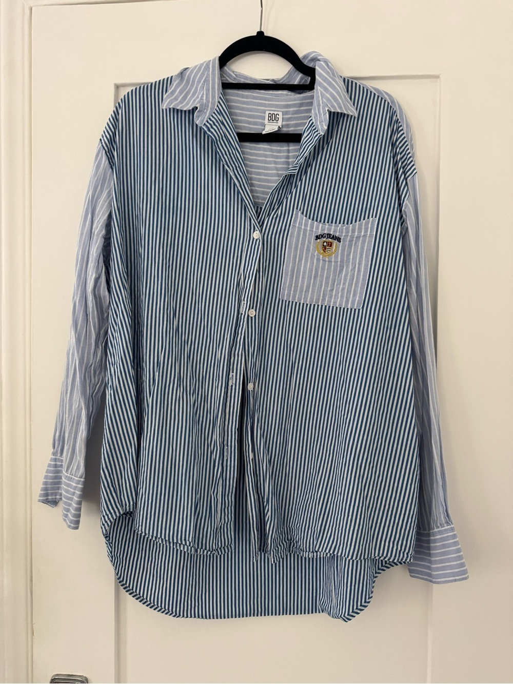 BDG Men's Blue and White Vertical Stripe Button-Down Shirt